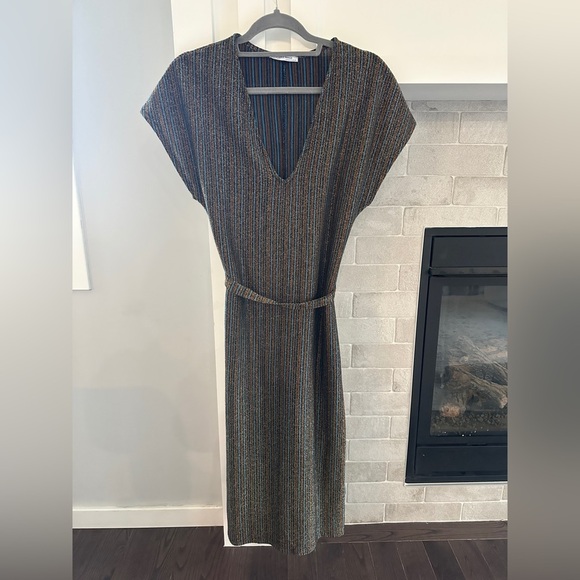 Zara Dresses & Skirts - Zara metallic Blue Sheath Maxi Dress with V-Neck| size small
